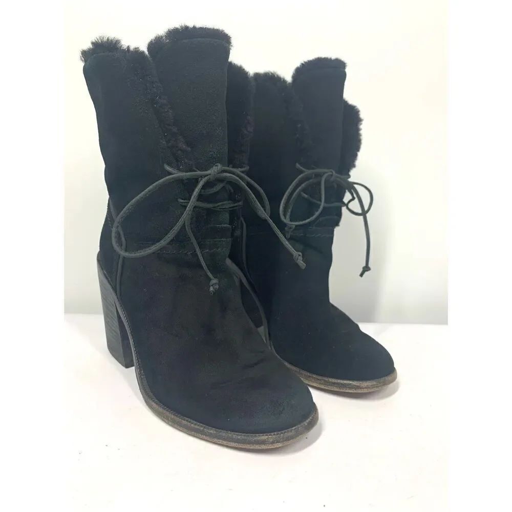 UGG Australia Jerene Black Suede & Shearling Lace Up Heeled Ankle Boots US 5